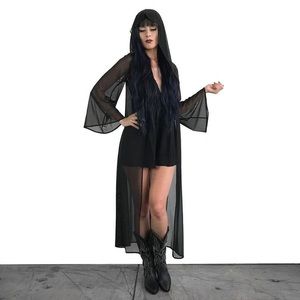 Foxblood mesh bell sleeve duster with hood